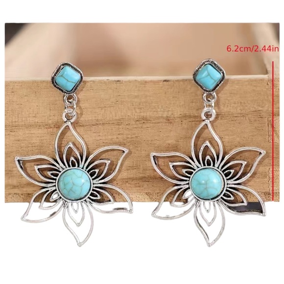 Boho Silver and Turquoise Flower Drop Earrings - Picture 4 of 6